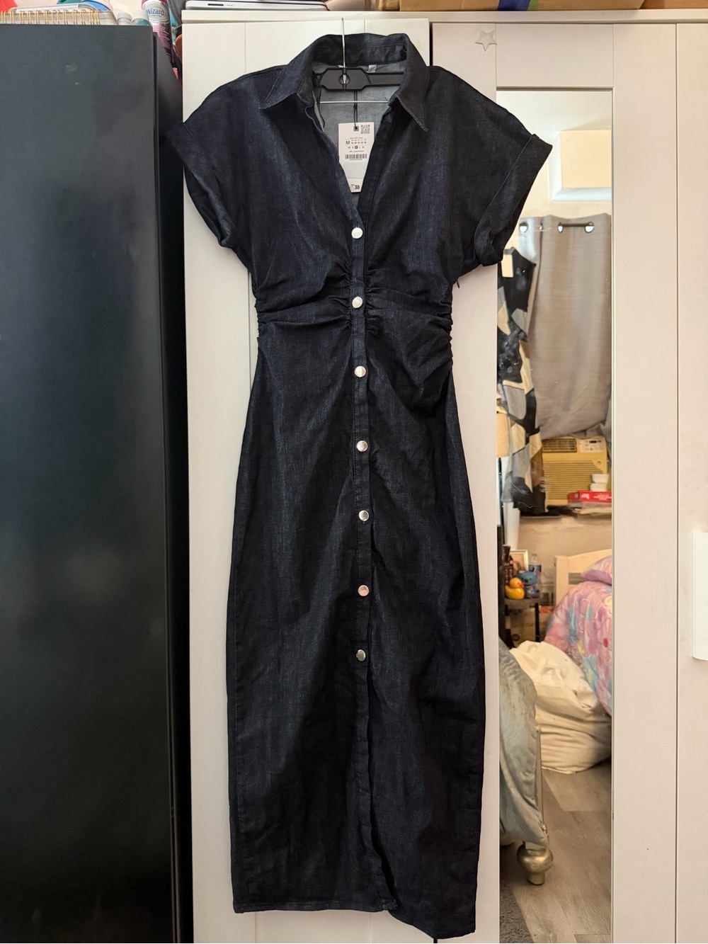 ZARA Dark Blue Denim Midi Shirt Dress - Picture 3 of 15